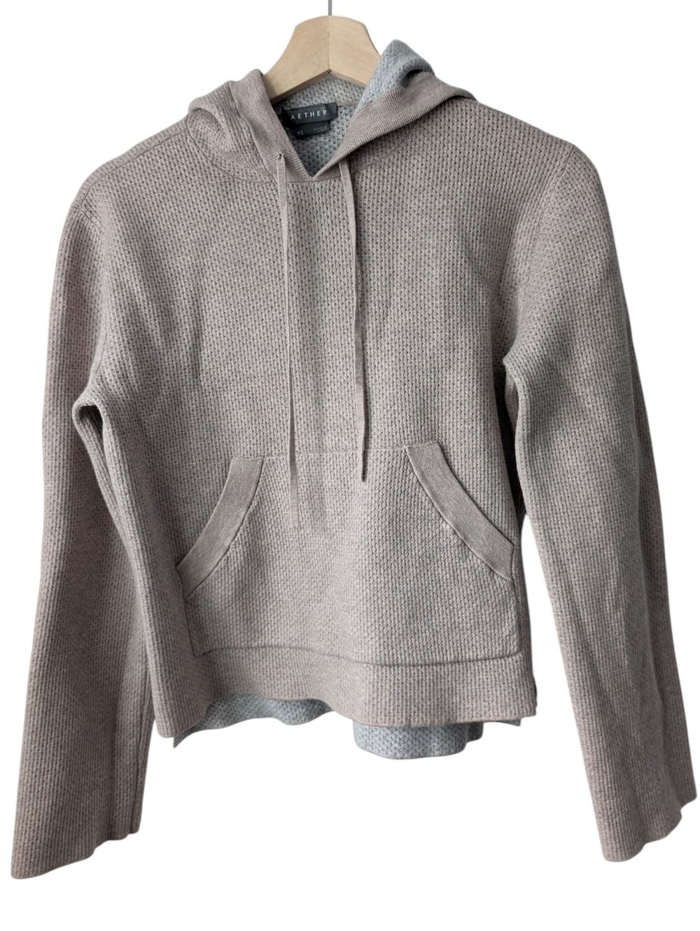 Aether Relaxed Taupe Knit Cropped Hooded Pullover Sweater Wool Cashmere,size XS